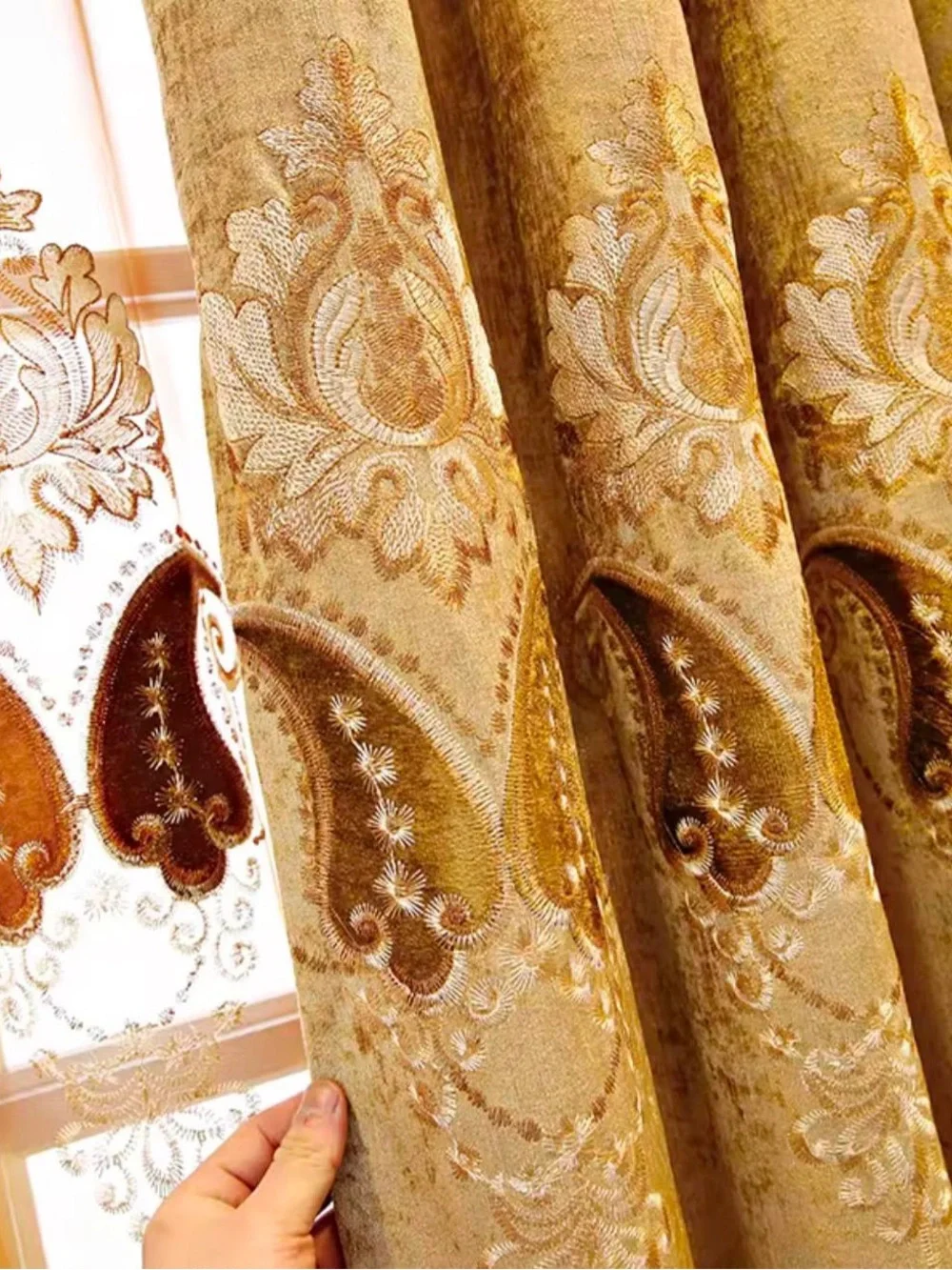 European Luxury Gold Embroidered 3-Piece Curtain Set